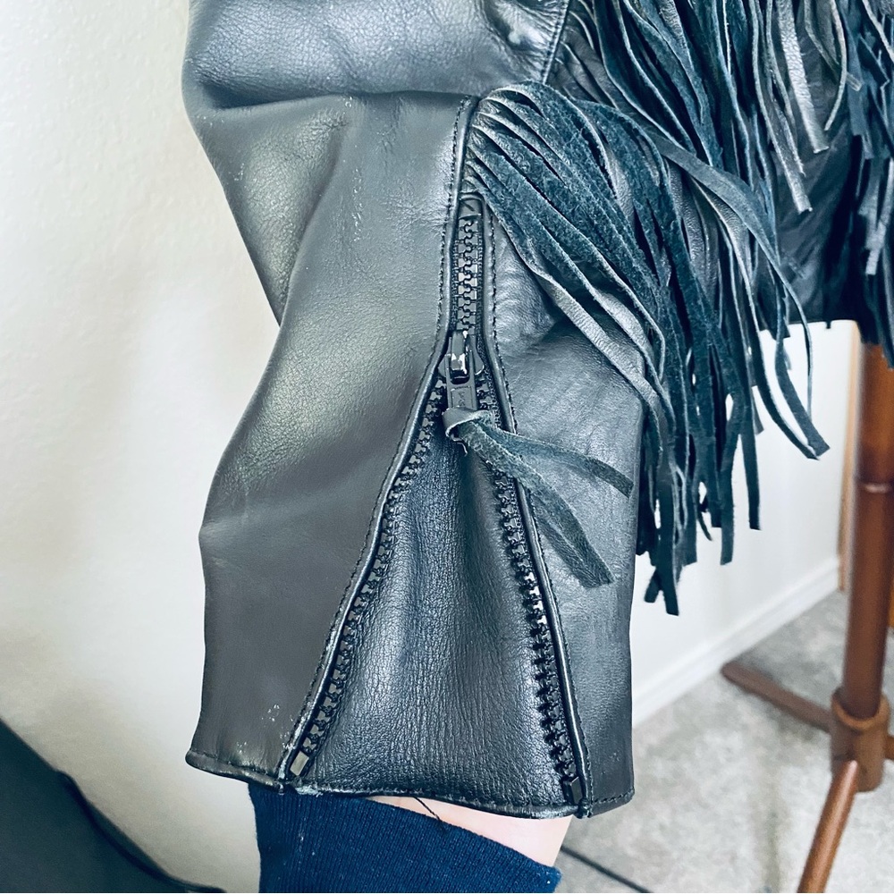 Vintage Genuine Black Leather Rose Cutout Boho Fringe Motorcycle Jacket Medium - Picture 8 of 13